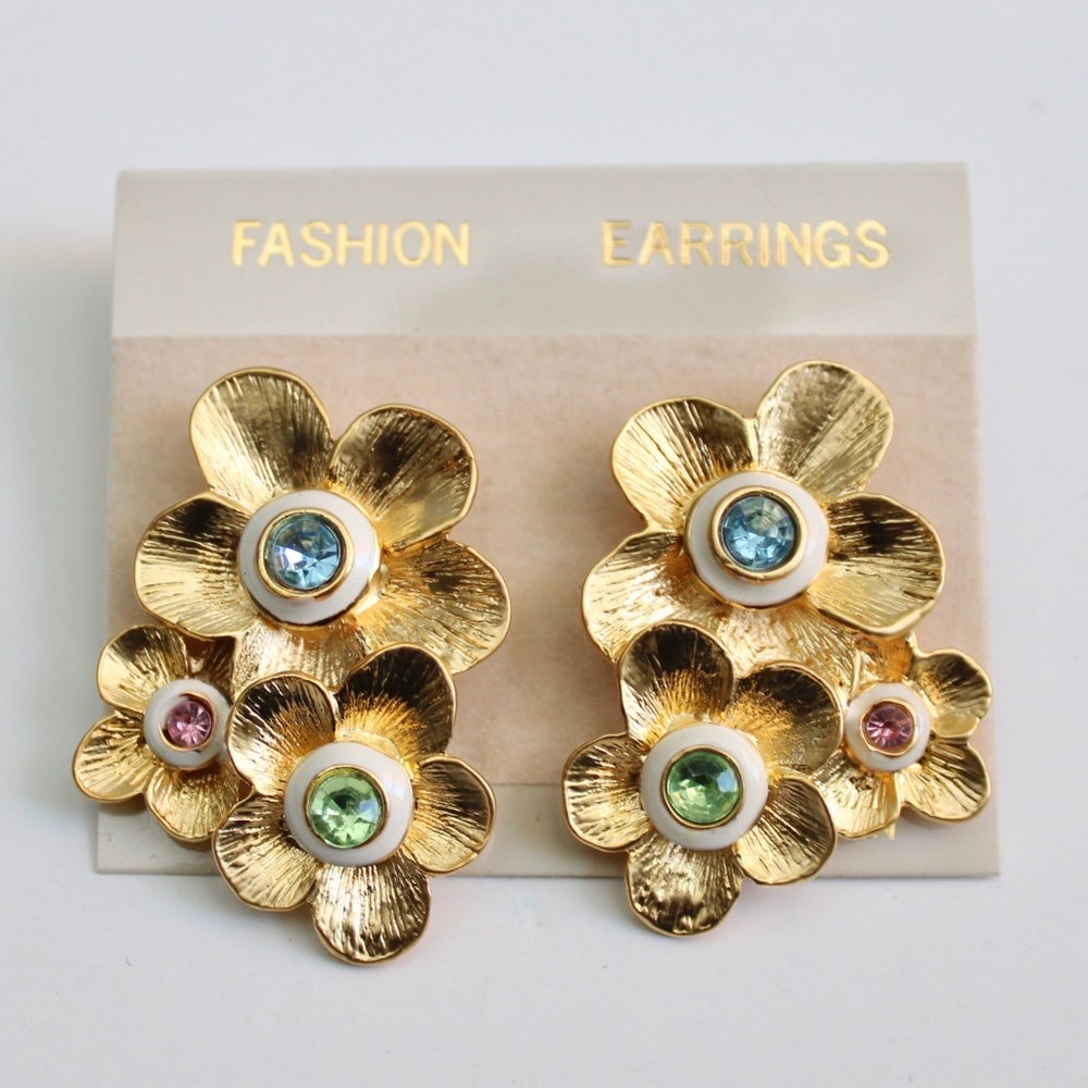 Vintage Gold Tone Floral Cascading Drop Multi-Stone Pierced Earrings NWT - Picture 3 of 3